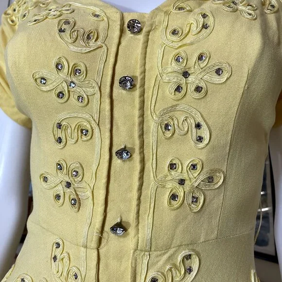 60s Vintage Yellow Fit and Flare Midi Dress with Soutache Braid and Rhinestones - Picture 5 of 6